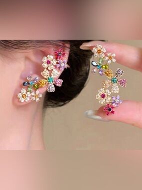 Multicolor Floral Crystal Ear Crawler Earrings - Gold Tone